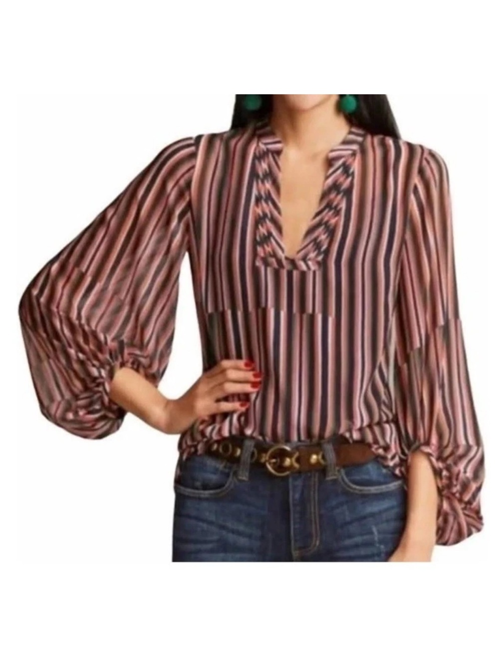 CAbi “The Ultimate Blouse” Striped V-Neck Sheer Balloon Sleeve Top Blouse 5519